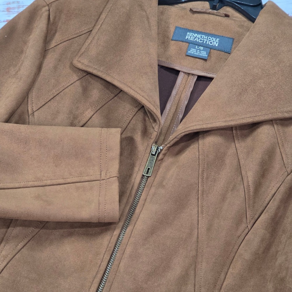 Kenneth Cole Reaction Faux Suede Jacket Womens L Tobacco Brown Excellent Zip Up